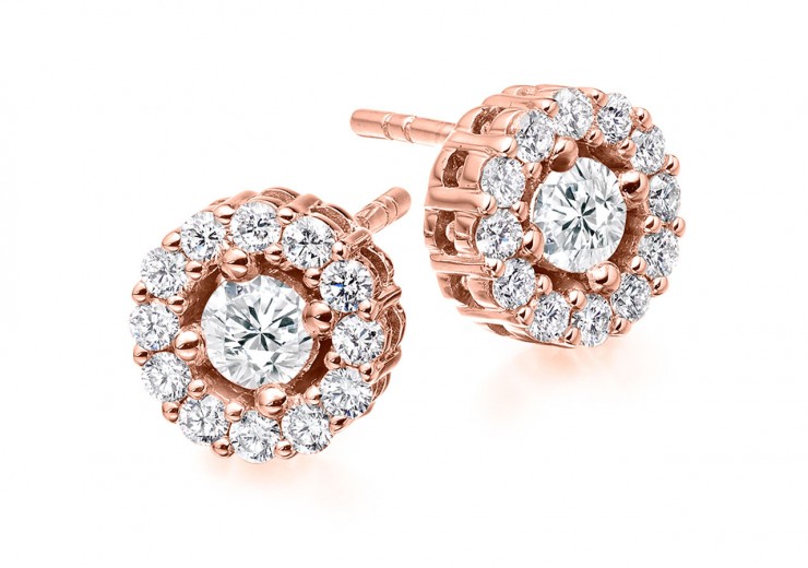 18ct Rose Gold Round Brilliant Cut Diamond Halo Stud Earrings 1ct