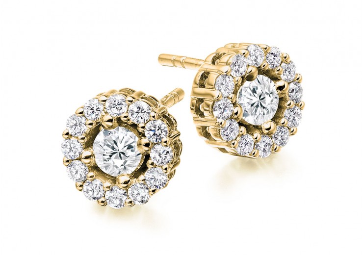 18ct Yellow Gold Round Brilliant Cut Diamond Halo Stud Earrings 1ct