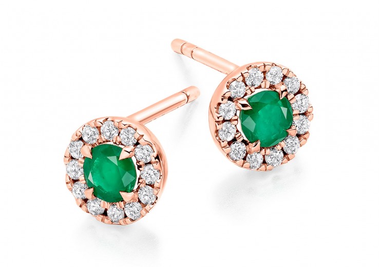 18ct Rose Gold Emerald & Diamond Stud Earrings 0.77ct