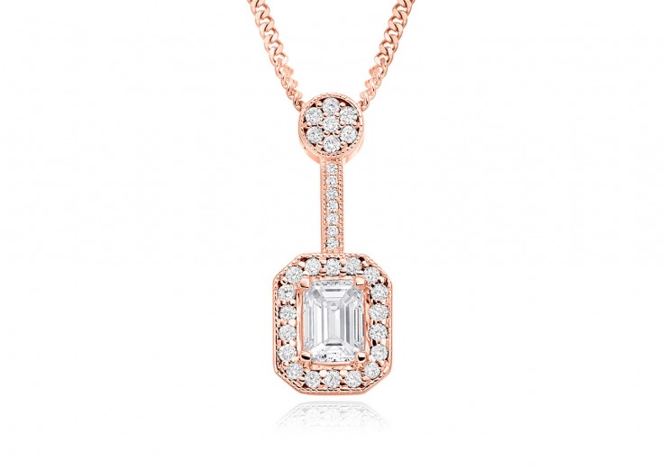 18ct Rose Gold Emerald Cut Diamond Pendant 0.75ct