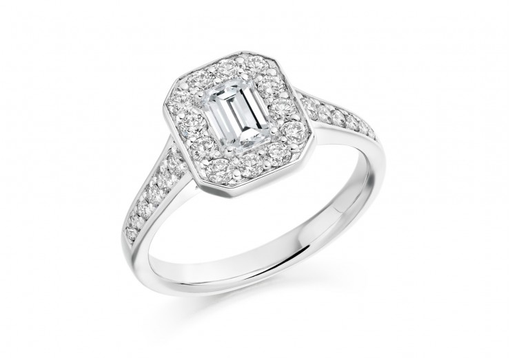 18ct White Gold Emerald & Round Brilliant Cut Diamond Halo Ring 1.31ct