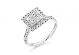 18ct White Gold Princess & Round Brilliant Cut Diamond Halo Ring 1.25ct