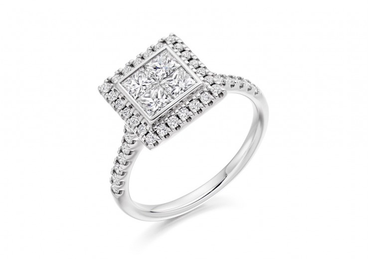 18ct White Gold Princess & Round Brilliant Cut Diamond Halo Ring 1.25ct