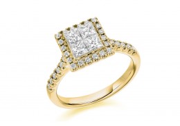 18ct Yellow Gold Princess & Round Brilliant Cut Diamond Halo Ring 1.25ct