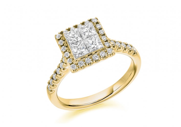 18ct Yellow Gold Princess & Round Brilliant Cut Diamond Halo Ring 1.25ct