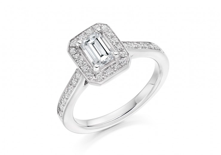18ct White Gold Emerald & Round Brilliant Cut Diamond Halo Ring 1.03ct