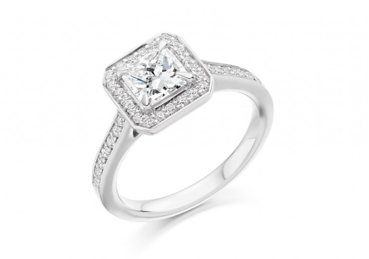 18ct White Gold Princess & Round Brilliant Cut Diamond Halo Ring 1.10ct