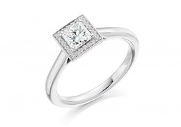 18ct White Gold Princess & Round Brilliant Cut Diamond Halo Ring 0.59ct