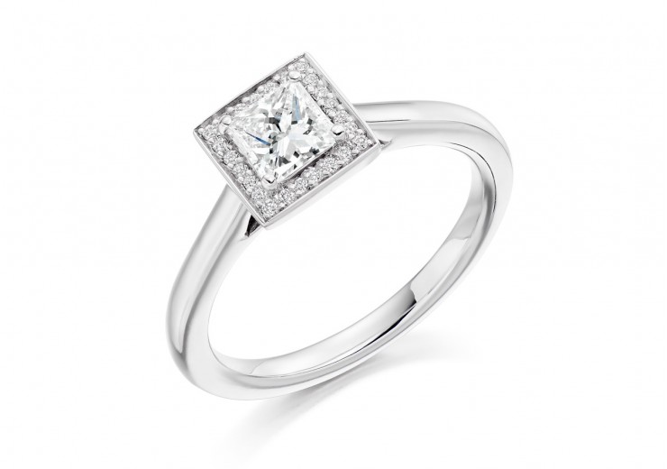 18ct White Gold Princess & Round Brilliant Cut Diamond Halo Ring 0.59ct
