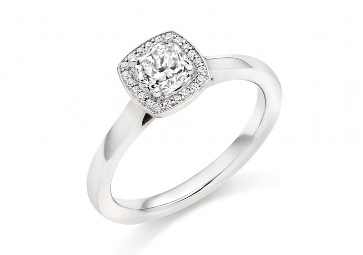 18ct White Gold Cushion & Round Brilliant Cut Diamond Halo Ring 0.62ct