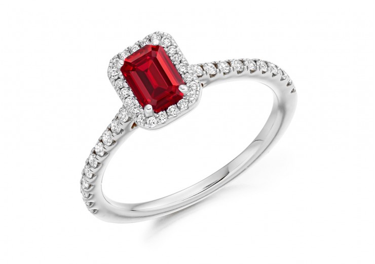 18ct White Gold Ruby & Diamond Emerald & Round Brilliant Cut Cluster Ring 0.96ct