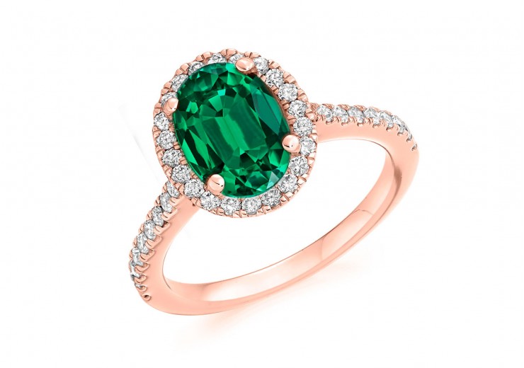 18ct Rose Gold Emerald & Diamond Oval & Round Brilliant Cut Cluster Ring 2.15ct