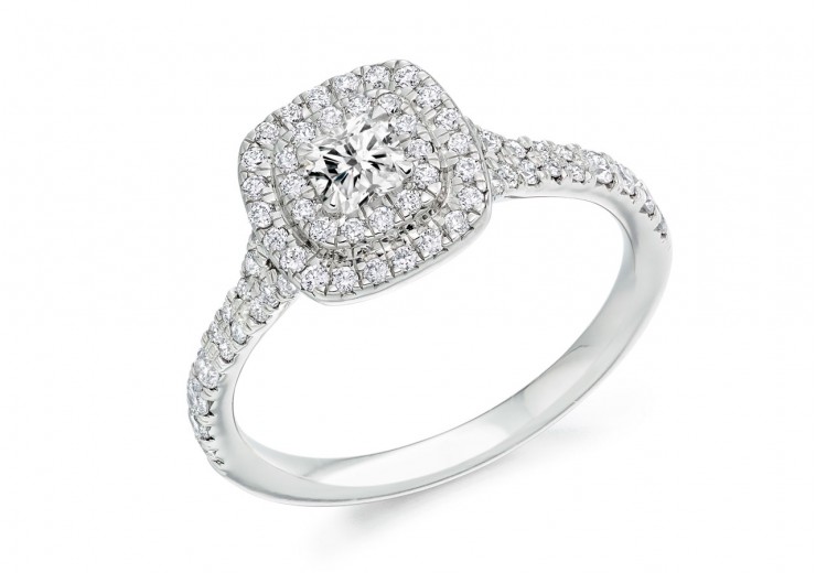 18ct White Gold Cushion Cut Diamond Double Halo Ring 0.79ct