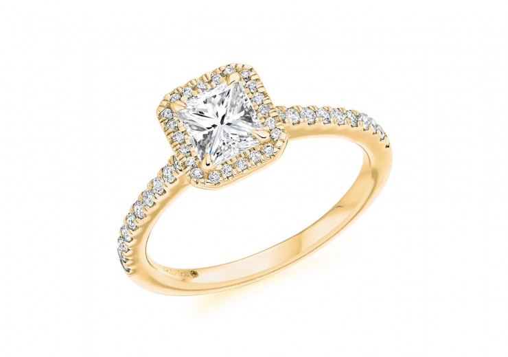 18ct Yellow Gold Radiant Cut Diamond Halo Ring 0.82ct