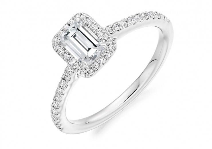 18ct White Gold Emerald Cut Diamond Halo Ring 0.69ct