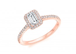 18ct Rose Gold Emerald Cut Diamond Halo Ring 0.69ct