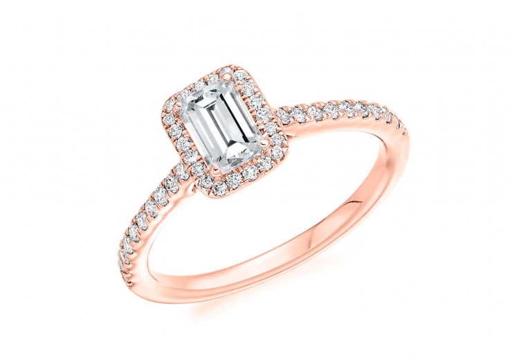 18ct Rose Gold Emerald Cut Diamond Halo Ring 0.69ct