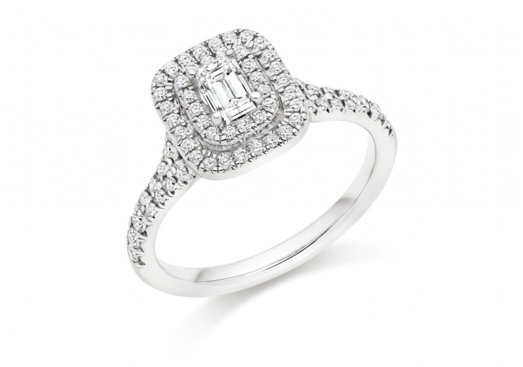 18ct White Gold Emerald Cut Diamond Double Halo Ring 0.75ct