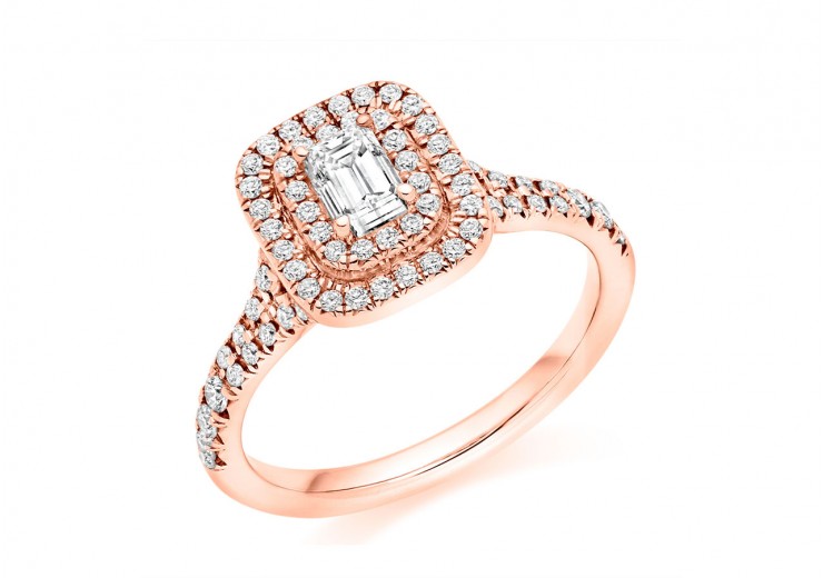 18ct Rose Gold Emerald Cut Diamond Double Halo Ring 0.75ct