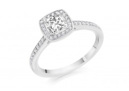 18ct White Gold Cushion & Round Brilliant Cut Diamond Halo Ring 0.79ct