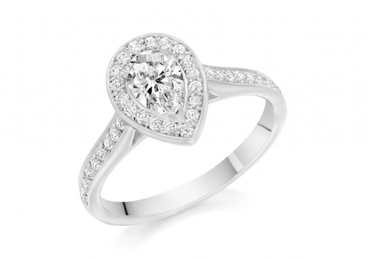 18ct White Gold Pear & Round Brilliant Cut Diamond Halo & Shoulders Ring 0.85ct