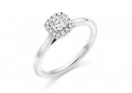 18ct White Gold Cushion & Round Brilliant Cut Diamond Halo Ring 0.49ct