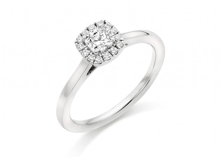 18ct White Gold Cushion & Round Brilliant Cut Diamond Halo Ring 0.49ct