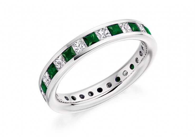 18ct White Gold Emerald & Diamond Princess Cut Full Eternity Ring 2.21ct