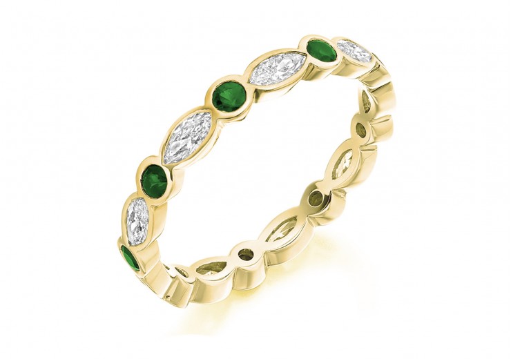 18ct Yellow Gold Emerald & Diamond Marquise & Round Brilliant Cut Full Eternity Ring 1.32ct