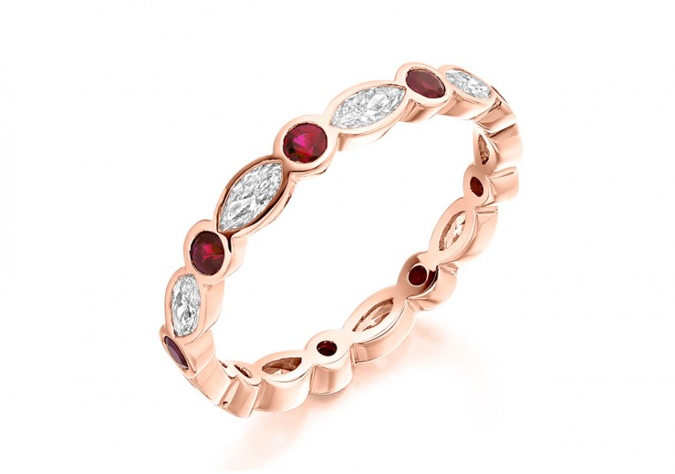 18ct Rose Gold Ruby & Diamond Marquise & Round Brilliant Cut Full Eternity Ring 1.32ct
