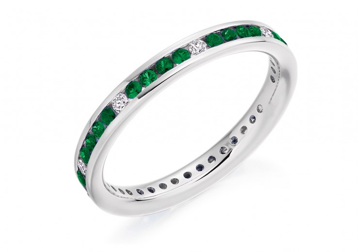 18ct White Gold Emerald & Diamond Round Brilliant Cut Full Eternity Ring 0.67ct