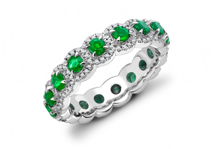 18ct White Gold Emerald & Diamond Round Brilliant Cut Full Eternity Ring 1.42ct