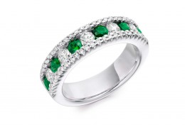 18ct White Gold Emerald & Diamond Round Brilliant Cut Half Eternity Ring 1.55ct