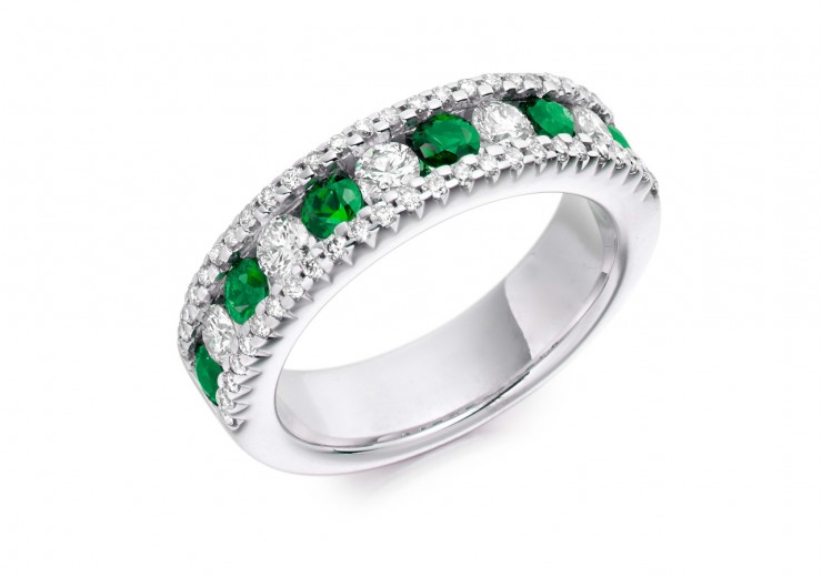18ct White Gold Emerald & Diamond Round Brilliant Cut Half Eternity Ring 1.55ct