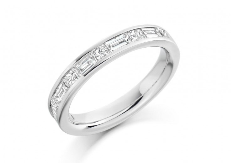 Platinum Princess & Baguette Cut Diamond Half Eternity Ring 1.20ct