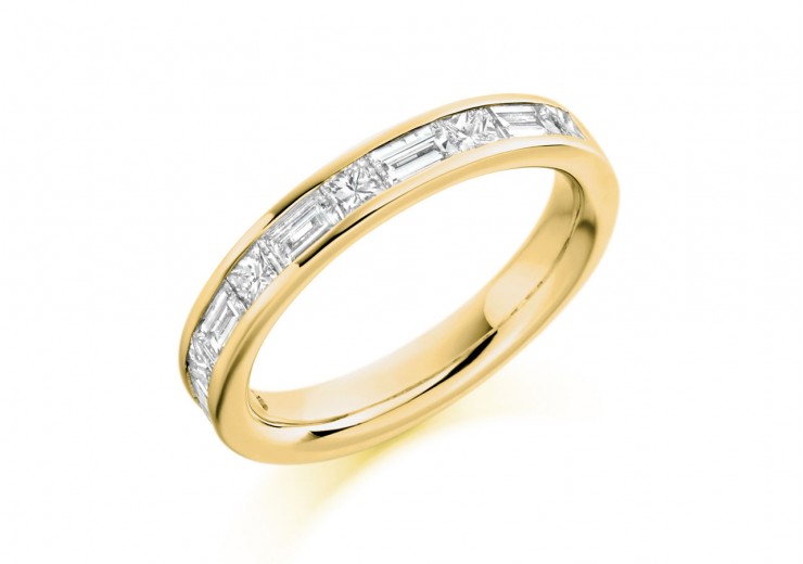 18ct Yellow Gold Princess & Baguette Cut Diamond Half Eternity Ring 1.20ct