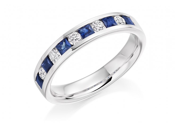 18ct White Gold Sapphire & Diamond Princess & Round Brilliant Cut Half Eternity Ring 0.75ct