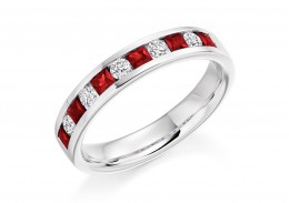 18ct White Gold Ruby & Diamond Princess & Round Brilliant Cut Half Eternity Ring 0.75ct