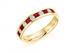 18ct Yellow Gold Ruby & Diamond Princess & Round Brilliant Cut Half Eternity Ring 0.75ct