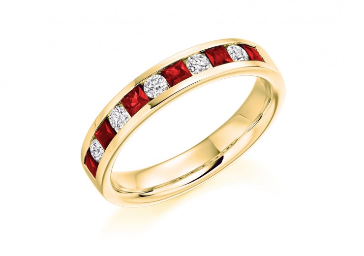 18ct Yellow Gold Ruby & Diamond Princess & Round Brilliant Cut Half Eternity Ring 0.75ct