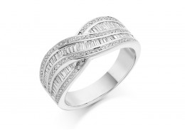 18ct White Gold Round Brilliant & Baguette Cut Diamond Wave Half Eternity Ring 0.80ct