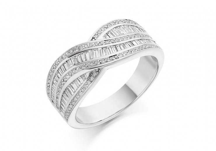 18ct White Gold Round Brilliant & Baguette Cut Diamond Wave Half Eternity Ring 0.80ct