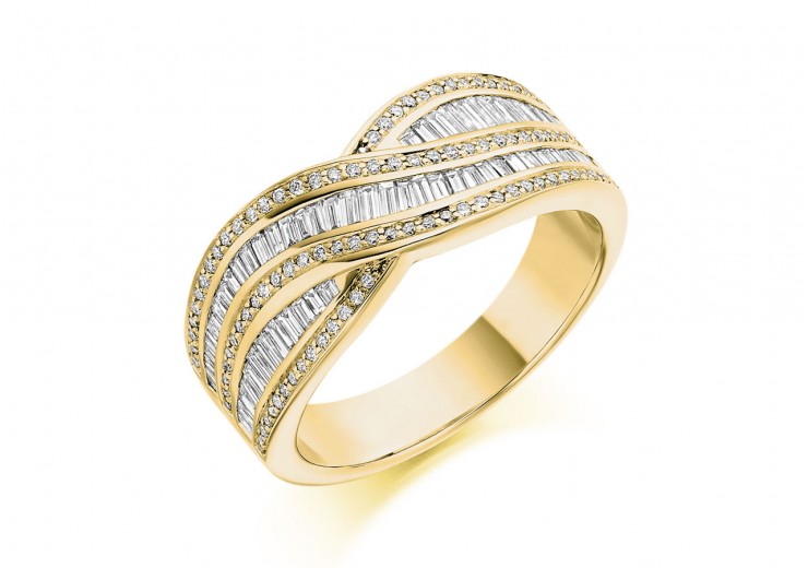 18ct Yellow Gold Round Brilliant & Baguette Cut Diamond Wave Half Eternity Ring 0.80ct