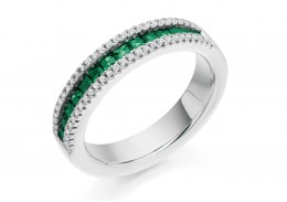 18ct White Gold Emerald & Diamond Princess & Round Brilliant Cut Half Eternity Ring 0.80ct