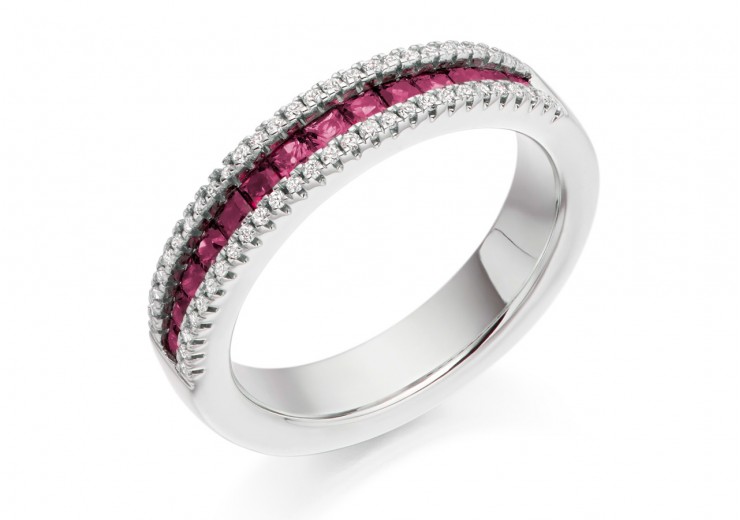 18ct White Gold Ruby & Diamond Princess & Round Brilliant Cut Half Eternity Ring 0.88ct