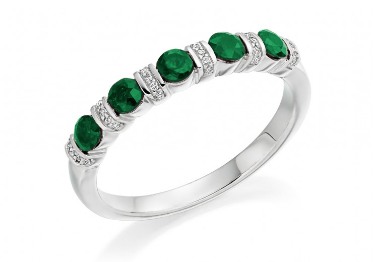 18ct White Gold Emerald & Diamond Round Brilliant Cut Half Eternity Ring 0.60ct