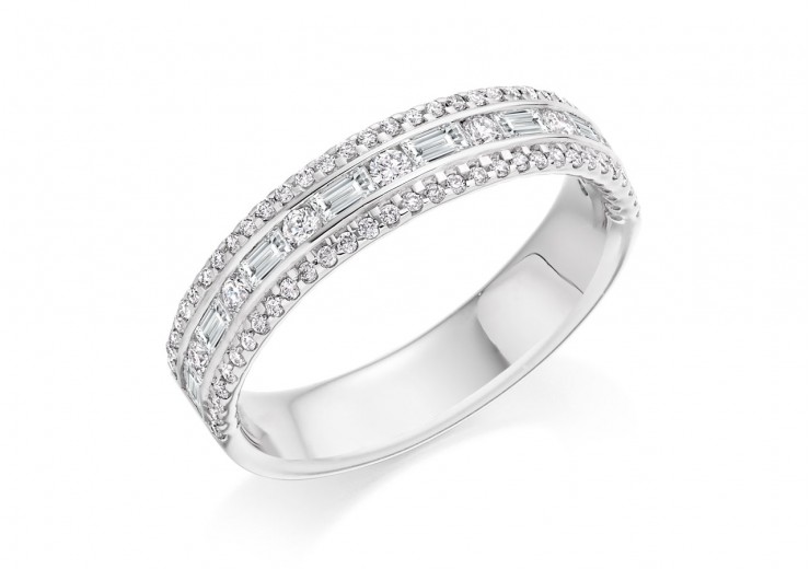 18ct White Gold Round Brilliant & Baguette Cut Diamond 3 Row Half Eternity Ring 0.65ct