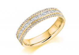 18ct Yellow Gold Round Brilliant & Baguette Cut Diamond 3 Row Half Eternity Ring 0.65ct