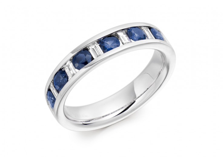 18ct White Gold Sapphire & Diamond Baguette & Round Brilliant Cut Half Eternity Ring 0.80ct