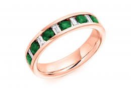 18ct Rose Gold Emerald & Diamond Baguette & Round Brilliant Cut Half Eternity Ring 0.80ct